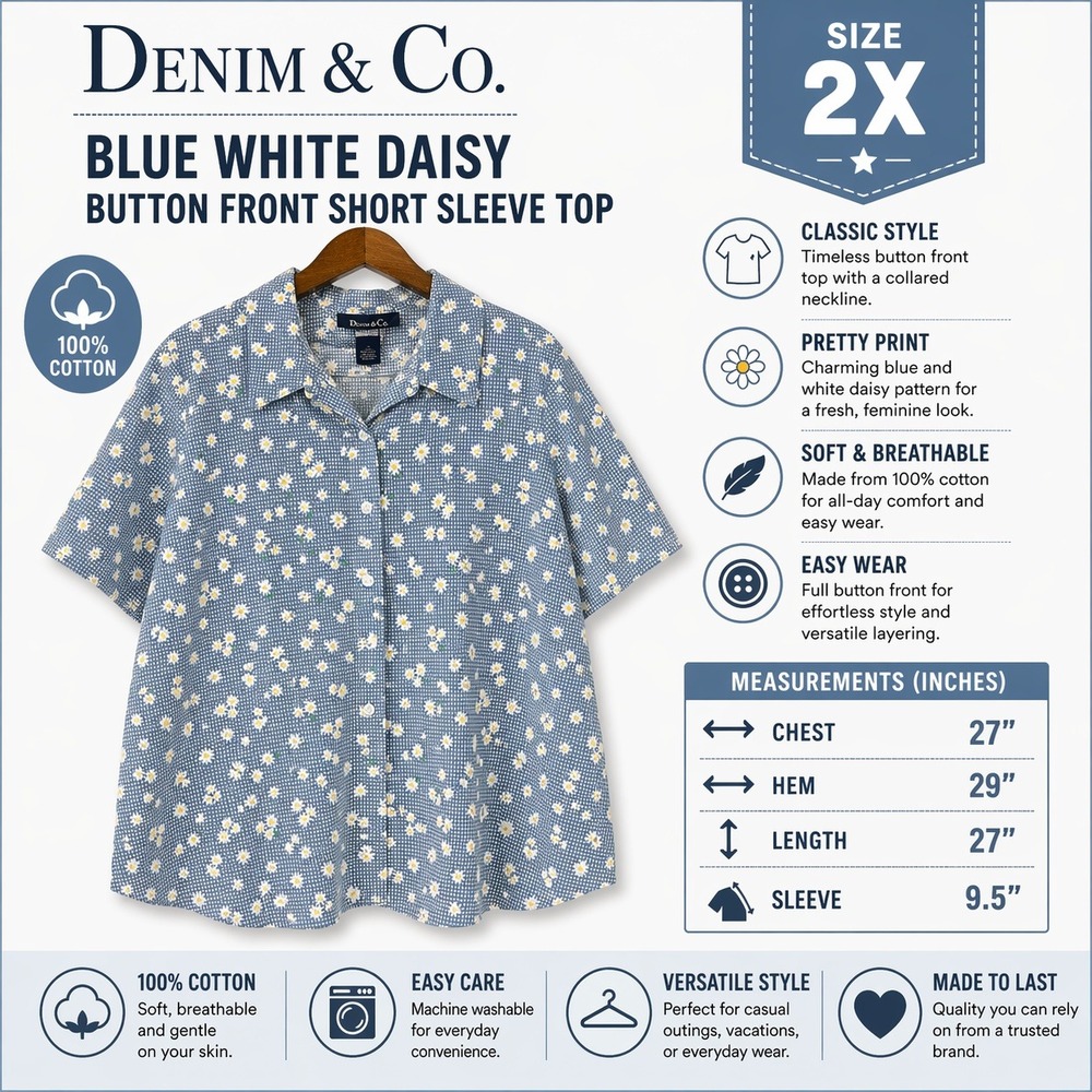 Denim & Co Womens 2X Blue Gingham Daisy‎ Floral Cotton Button Down Shirt Top